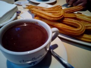 churros with chocolate, cold, winter, bar, breakfast, afternoon snack, calories, food, rich, tasty, appetizing